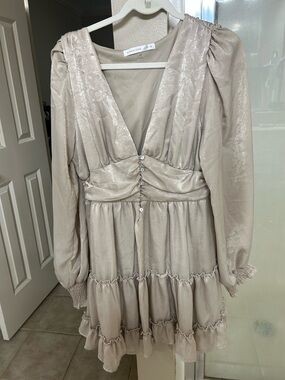 Altar'd State Shimmery Champagne Long Sleeve V-Neck Dress